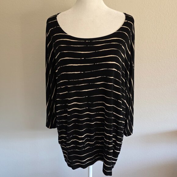Chico's Travelers Top Tunic Size 2 Large Stretch Black Tan Stripe Relax Fit - Picture 1 of 8